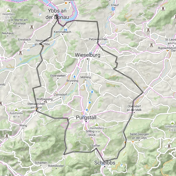 Map miniature of "Scenic Road Cycling Route around Ybbs an der Donau" cycling inspiration in Niederösterreich, Austria. Generated by Tarmacs.app cycling route planner