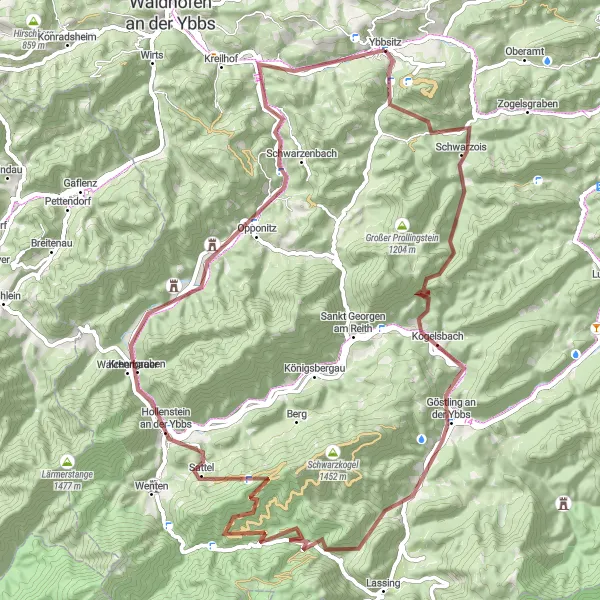 Miniaturní mapa "Gravelová expozice kolem Göstling an der Ybbs" inspirace pro cyklisty v oblasti Niederösterreich, Austria. Vytvořeno pomocí plánovače tras Tarmacs.app