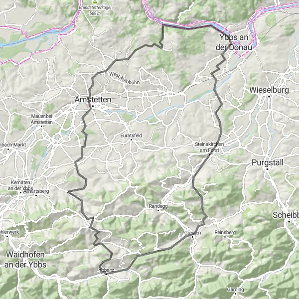 Miniaturní mapa "Cyklotrasa kolem Ybbsitzu" inspirace pro cyklisty v oblasti Niederösterreich, Austria. Vytvořeno pomocí plánovače tras Tarmacs.app