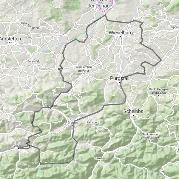 Miniature de la carte de l'inspiration cycliste "Le Tour des Collines de Niederösterreich" dans la Niederösterreich, Austria. Générée par le planificateur d'itinéraire cycliste Tarmacs.app