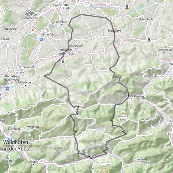 Miniatua del mapa de inspiración ciclista "Ruta Ybbsitz - Neuhofen an der Ybbs - Euratsfeld - Königsstein - Ybbsitz" en Niederösterreich, Austria. Generado por Tarmacs.app planificador de rutas ciclistas