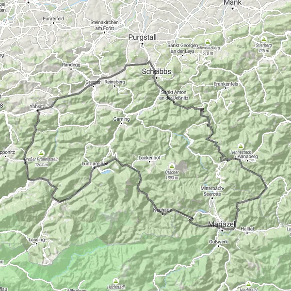 Miniaturní mapa "Okružní cyklistická trasa Ybbsitz - Mariazell" inspirace pro cyklisty v oblasti Niederösterreich, Austria. Vytvořeno pomocí plánovače tras Tarmacs.app
