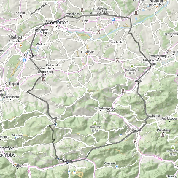 Miniatua del mapa de inspiración ciclista "Ruta Escénica del Ybbsitz al Schallauberg" en Niederösterreich, Austria. Generado por Tarmacs.app planificador de rutas ciclistas
