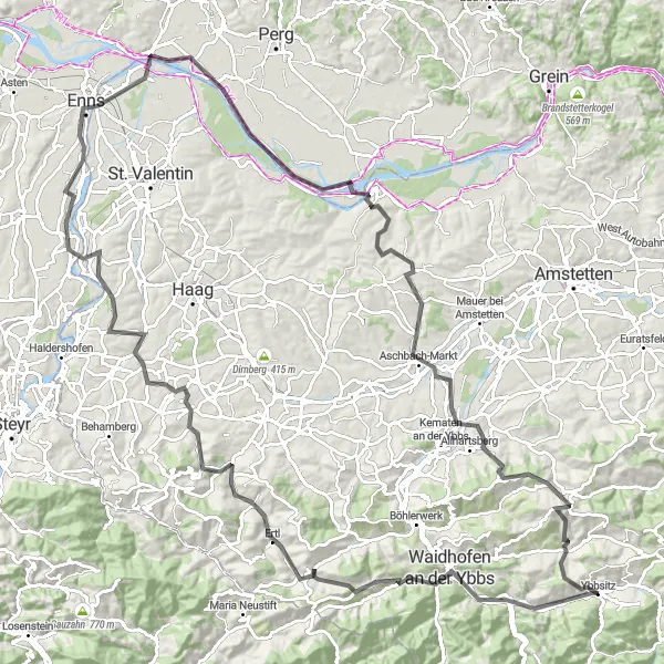 Miniatua del mapa de inspiración ciclista "Ruta de ciclismo de carretera Ybbsitz - Enns - Ybbsitz" en Niederösterreich, Austria. Generado por Tarmacs.app planificador de rutas ciclistas