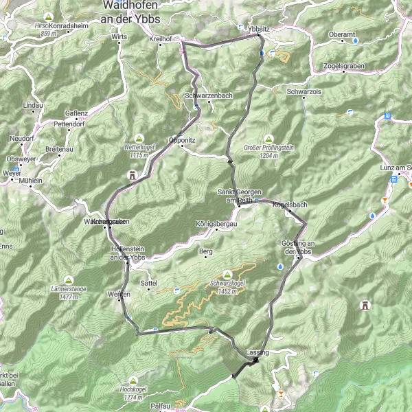 Miniatua del mapa de inspiración ciclista "Ruta de ciclismo de carretera Ybbsitz - Opponitz - Ybbsitz" en Niederösterreich, Austria. Generado por Tarmacs.app planificador de rutas ciclistas
