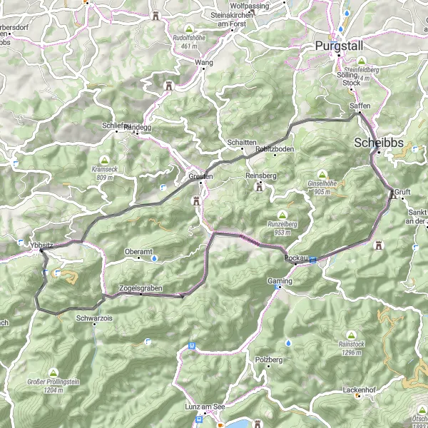 Map miniature of "Ybbsitz to Königsstein Scenic Road Cycling Route" cycling inspiration in Niederösterreich, Austria. Generated by Tarmacs.app cycling route planner