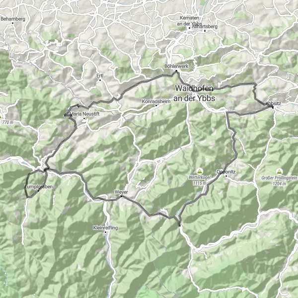 Miniature de la carte de l'inspiration cycliste "Entre patrimoine et nature près de Ybbsitz" dans la Niederösterreich, Austria. Générée par le planificateur d'itinéraire cycliste Tarmacs.app