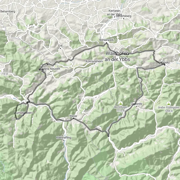 Miniaturekort af cykelinspirationen "Ybbsitz til Knieberg Rundtur" i Niederösterreich, Austria. Genereret af Tarmacs.app cykelruteplanlægger