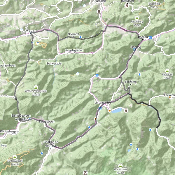 Miniature de la carte de l'inspiration cycliste "Les collines de la Ybbsitz" dans la Niederösterreich, Austria. Générée par le planificateur d'itinéraire cycliste Tarmacs.app