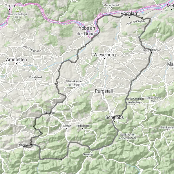 Map miniature of "Ybbsitz to Königsstein Road Cycling Route" cycling inspiration in Niederösterreich, Austria. Generated by Tarmacs.app cycling route planner