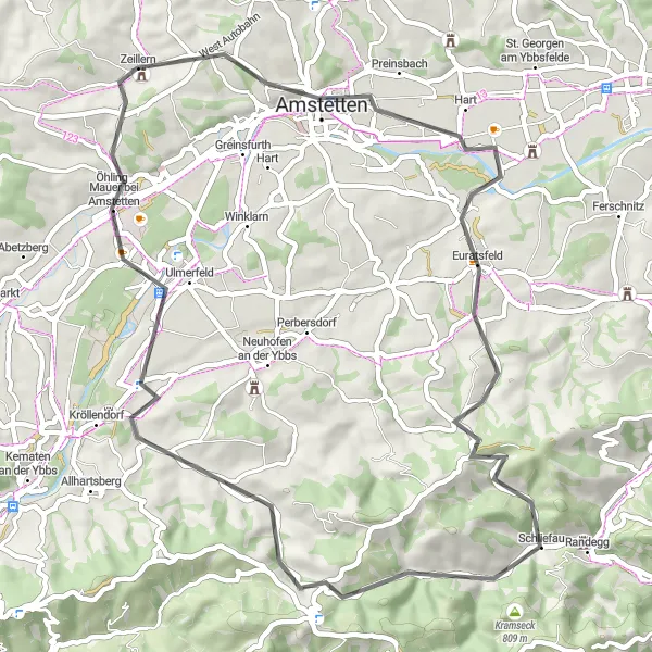 Zemljevid v pomanjšavi "Cestna avantura odkrivanja" kolesarske inspiracije v Niederösterreich, Austria. Generirano z načrtovalcem kolesarskih poti Tarmacs.app