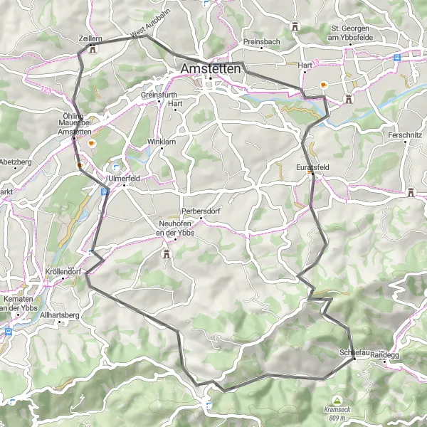 Karttaminiaatyyri "Kulttuurillinen maantiereitti Zeillernin ympäristössä" pyöräilyinspiraatiosta alueella Niederösterreich, Austria. Luotu Tarmacs.app pyöräilyreittisuunnittelijalla