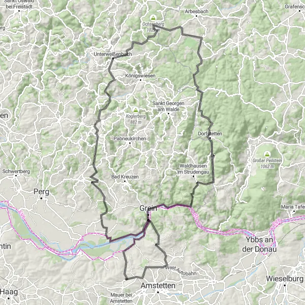 Miniatura della mappa di ispirazione al ciclismo "Giro in bicicletta tra storia e natura" nella regione di Niederösterreich, Austria. Generata da Tarmacs.app, pianificatore di rotte ciclistiche