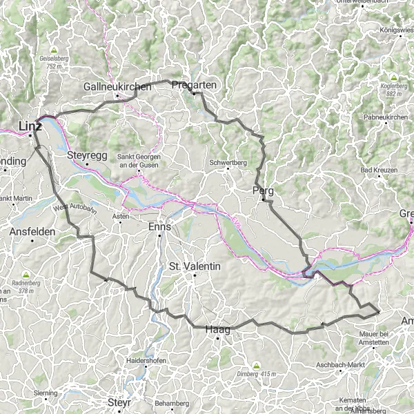 Map miniature of "Zeillern to Linz Loop" cycling inspiration in Niederösterreich, Austria. Generated by Tarmacs.app cycling route planner