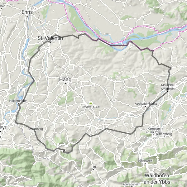 Karttaminiaatyyri "Zeillern-ympäristön maantiepyöräilyreitti" pyöräilyinspiraatiosta alueella Niederösterreich, Austria. Luotu Tarmacs.app pyöräilyreittisuunnittelijalla