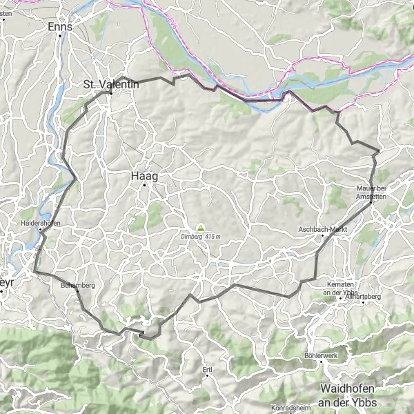 Miniatura della mappa di ispirazione al ciclismo "Tour delle Colline di Zeillern" nella regione di Niederösterreich, Austria. Generata da Tarmacs.app, pianificatore di rotte ciclistiche