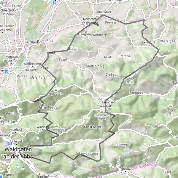 Karten-Miniaturansicht der Radinspiration "Waidhofen an der Ybbs - Knieberg Road Route" in Niederösterreich, Austria. Erstellt vom Tarmacs.app-Routenplaner für Radtouren