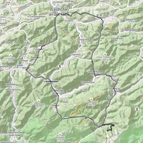 Karttaminiaatyyri "Ybbsitz - Königsstein Cycling Route" pyöräilyinspiraatiosta alueella Niederösterreich, Austria. Luotu Tarmacs.app pyöräilyreittisuunnittelijalla