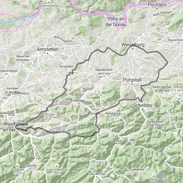 Karttaminiaatyyri "Waidhofen an der Ybbs - Hörmannsberg reitti" pyöräilyinspiraatiosta alueella Niederösterreich, Austria. Luotu Tarmacs.app pyöräilyreittisuunnittelijalla