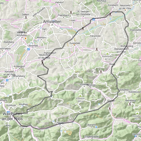 Karttaminiaatyyri "Waidhofen an der Ybbs - Neumarkt an der Ybbs Cycling Route" pyöräilyinspiraatiosta alueella Niederösterreich, Austria. Luotu Tarmacs.app pyöräilyreittisuunnittelijalla