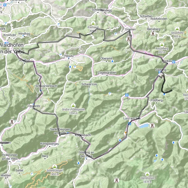 Miniaturní mapa "Výhledová silniční cyklostezka přes Ybbs" inspirace pro cyklisty v oblasti Niederösterreich, Austria. Vytvořeno pomocí plánovače tras Tarmacs.app