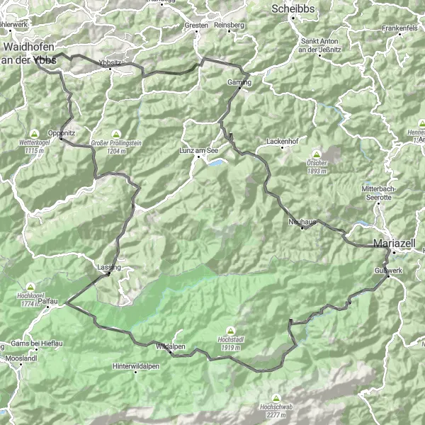 Miniaturní mapa "Okružní cyklistická trasa kolem Zell-Arzbergu" inspirace pro cyklisty v oblasti Niederösterreich, Austria. Vytvořeno pomocí plánovače tras Tarmacs.app