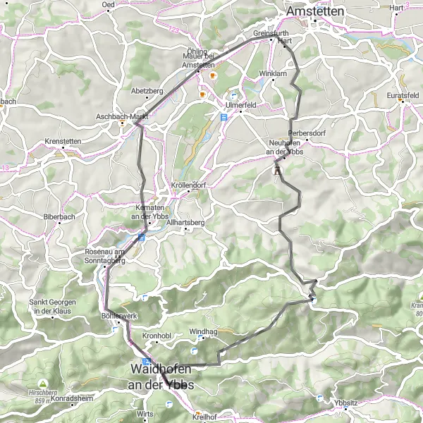 Karttaminiaatyyri "Kematen an der Ybbs - Waidhofen an der Ybbs Reitti" pyöräilyinspiraatiosta alueella Niederösterreich, Austria. Luotu Tarmacs.app pyöräilyreittisuunnittelijalla