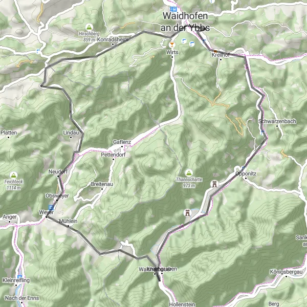Karttaminiaatyyri "Opponitz - Waidhofen an der Ybbs Cycling Route" pyöräilyinspiraatiosta alueella Niederösterreich, Austria. Luotu Tarmacs.app pyöräilyreittisuunnittelijalla