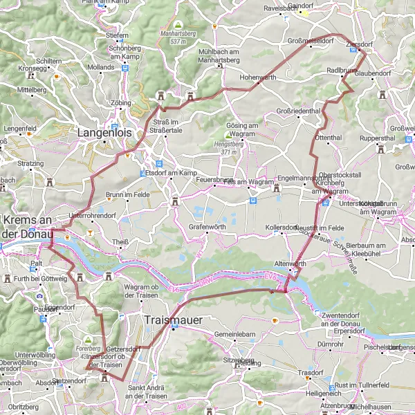 Miniaturní mapa "Prozkoumání Traismaueru a okolí" inspirace pro cyklisty v oblasti Niederösterreich, Austria. Vytvořeno pomocí plánovače tras Tarmacs.app