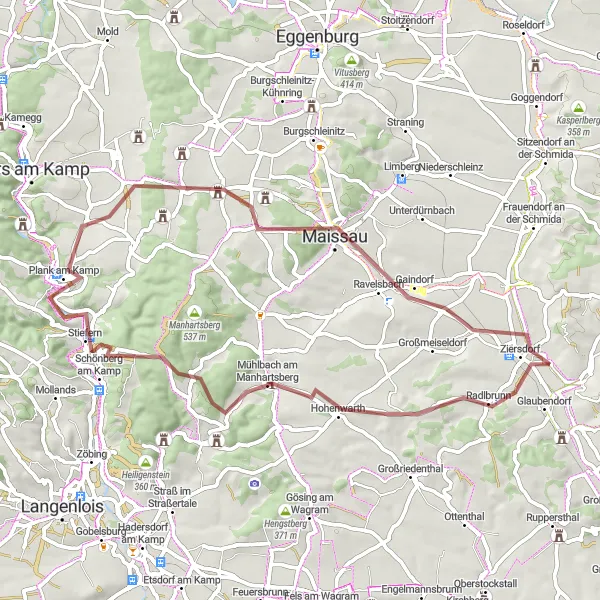 Miniaturní mapa "Cyklistická cesta po Maissau" inspirace pro cyklisty v oblasti Niederösterreich, Austria. Vytvořeno pomocí plánovače tras Tarmacs.app