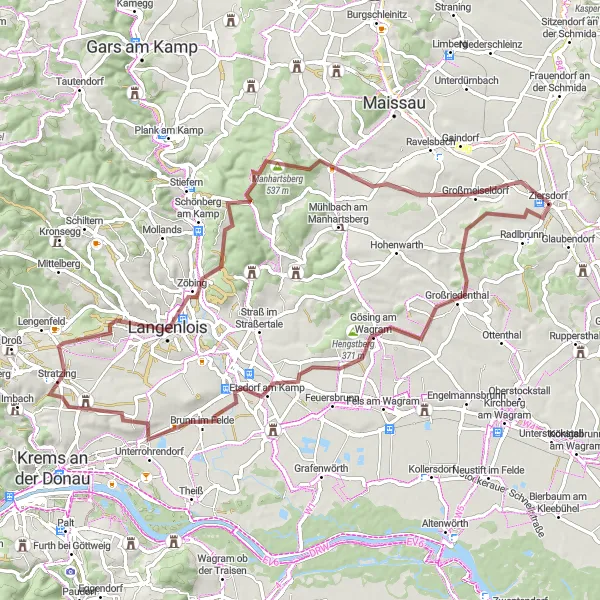 Miniatua del mapa de inspiración ciclista "Ruta por Großriedenthal y Eisenhut" en Niederösterreich, Austria. Generado por Tarmacs.app planificador de rutas ciclistas