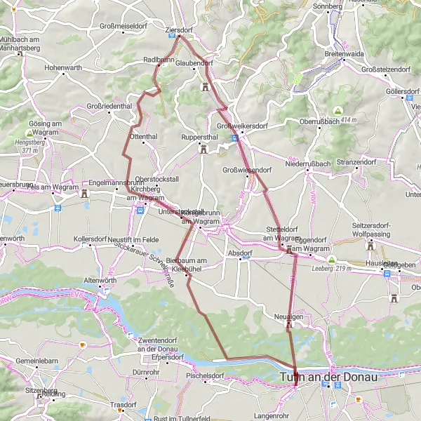 Miniatua del mapa de inspiración ciclista "Exploración natural en caminos de grava" en Niederösterreich, Austria. Generado por Tarmacs.app planificador de rutas ciclistas