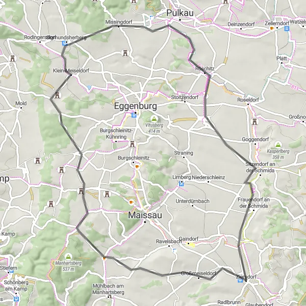 Miniatua del mapa de inspiración ciclista "Ruta de ciclismo de carretera por Ziersdorf" en Niederösterreich, Austria. Generado por Tarmacs.app planificador de rutas ciclistas