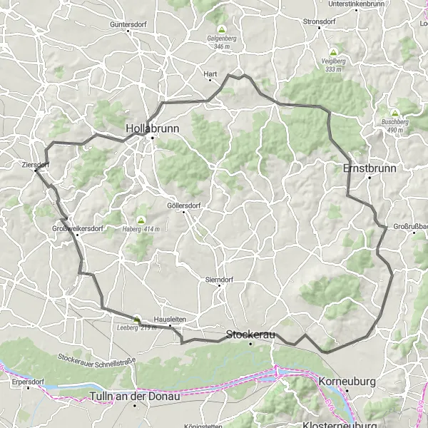 Miniatua del mapa de inspiración ciclista "Ruta de ciclismo en carretera desde Ziersdorf" en Niederösterreich, Austria. Generado por Tarmacs.app planificador de rutas ciclistas