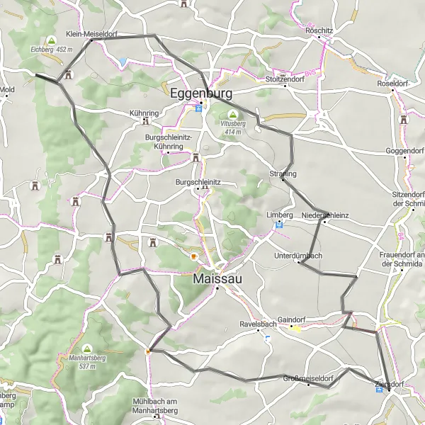 Miniatua del mapa de inspiración ciclista "Ruta de Carretera Großmeiseldorf - Gettsdorf" en Niederösterreich, Austria. Generado por Tarmacs.app planificador de rutas ciclistas