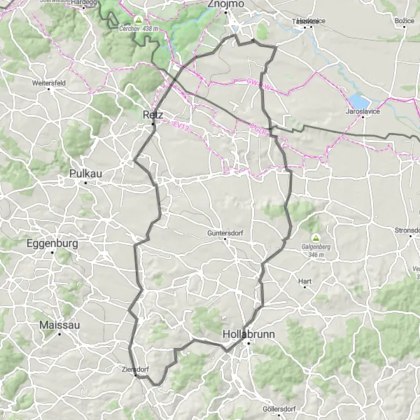 Miniatua del mapa de inspiración ciclista "Ruta por Sitzendorf an der Schmida y LIFE+ Großtrappe Roseldorf" en Niederösterreich, Austria. Generado por Tarmacs.app planificador de rutas ciclistas