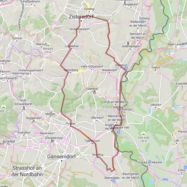 Miniaturekort af cykelinspirationen "Gruscykling i Zistersdorf området" i Niederösterreich, Austria. Genereret af Tarmacs.app cykelruteplanlægger