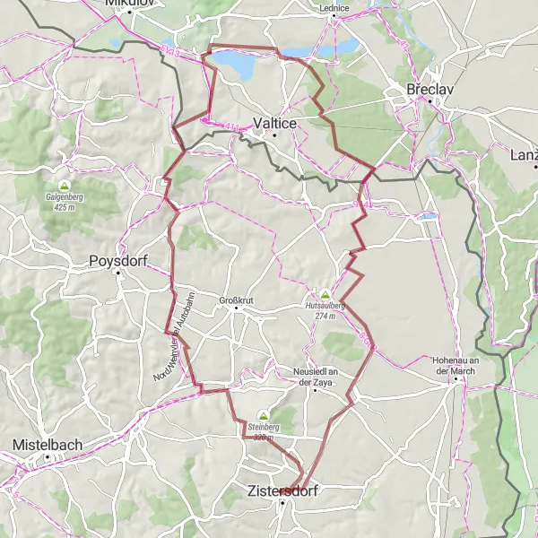 Miniaturní mapa "Gravel Trasa kolem Zistersdorfu" inspirace pro cyklisty v oblasti Niederösterreich, Austria. Vytvořeno pomocí plánovače tras Tarmacs.app