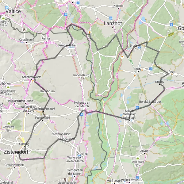 Zemljevid v pomanjšavi "Razgibana cestna kolesarska tura z začetkom v Zistersdorfu" kolesarske inspiracije v Niederösterreich, Austria. Generirano z načrtovalcem kolesarskih poti Tarmacs.app