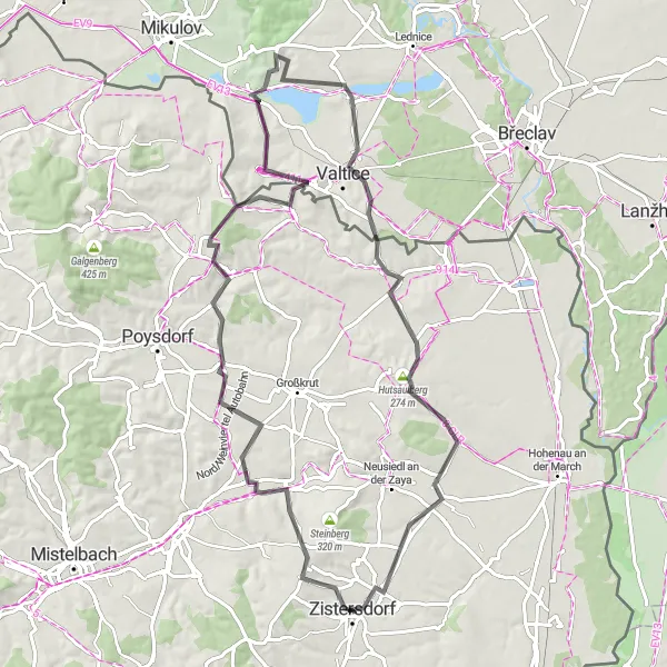 Miniatua del mapa de inspiración ciclista "Aventura en Carretera por Ebersdorf an der Zaya-Palterndorf" en Niederösterreich, Austria. Generado por Tarmacs.app planificador de rutas ciclistas