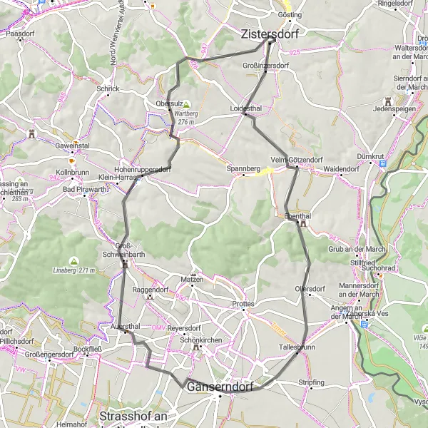 Map miniature of "Velm-Götzendorf Loop" cycling inspiration in Niederösterreich, Austria. Generated by Tarmacs.app cycling route planner