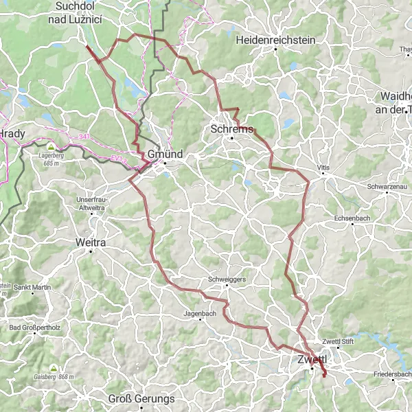 Miniaturní mapa "Okružní cesta do Zwettlu" inspirace pro cyklisty v oblasti Niederösterreich, Austria. Vytvořeno pomocí plánovače tras Tarmacs.app