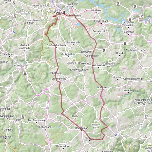 Miniatua del mapa de inspiración ciclista "Ruta Montañosa por Zwettlberg y Langschlag" en Niederösterreich, Austria. Generado por Tarmacs.app planificador de rutas ciclistas