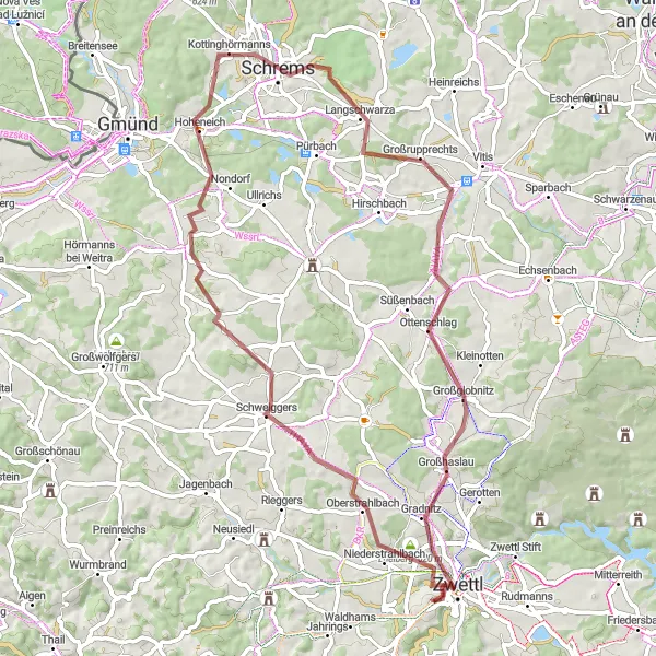 Zemljevid v pomanjšavi "Scenic gravel route to Schweiggers" kolesarske inspiracije v Niederösterreich, Austria. Generirano z načrtovalcem kolesarskih poti Tarmacs.app