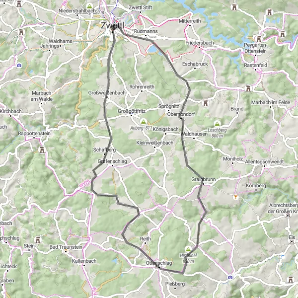 Map miniature of "Zwettl Road Explorer" cycling inspiration in Niederösterreich, Austria. Generated by Tarmacs.app cycling route planner