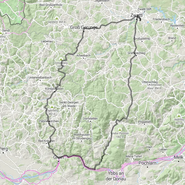 Miniatua del mapa de inspiración ciclista "Ruta a lo largo de Weißer Berg y Schloss Rorregg" en Niederösterreich, Austria. Generado por Tarmacs.app planificador de rutas ciclistas