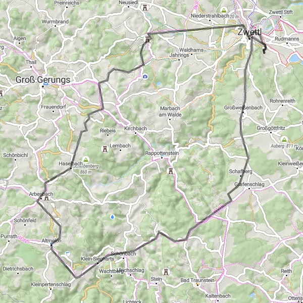 Miniatura della mappa di ispirazione al ciclismo "Giro in bicicletta a Zwettl e dintorni" nella regione di Niederösterreich, Austria. Generata da Tarmacs.app, pianificatore di rotte ciclistiche