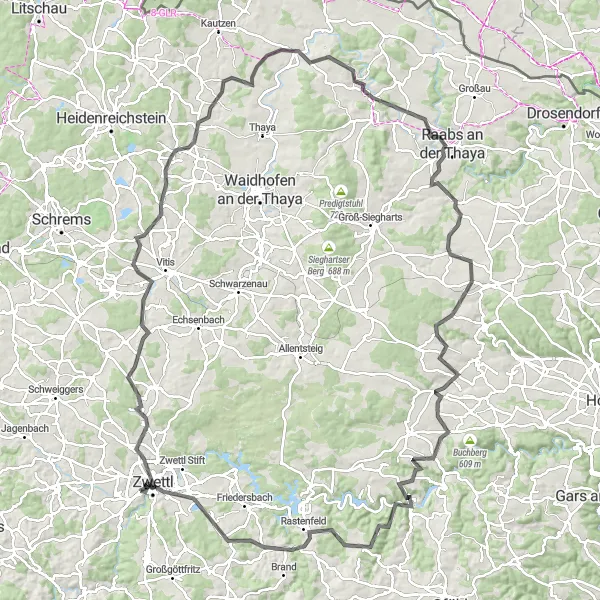 Miniatura della mappa di ispirazione al ciclismo "Giro panoramico tra Zwettl e Thaya" nella regione di Niederösterreich, Austria. Generata da Tarmacs.app, pianificatore di rotte ciclistiche
