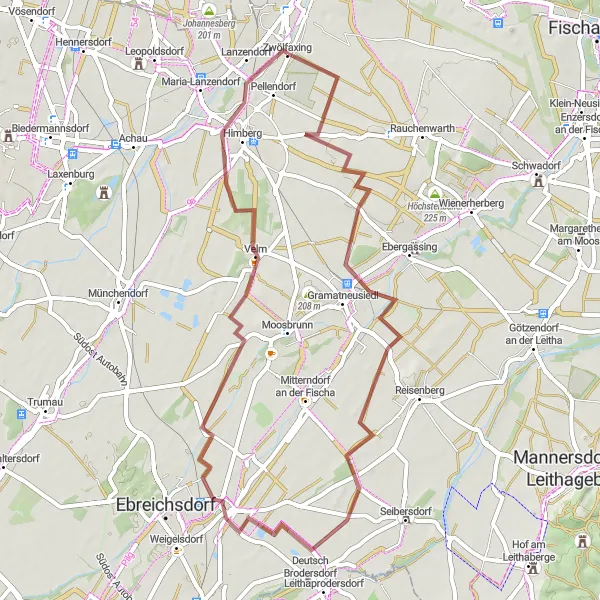 Zemljevid v pomanjšavi "Razburljiva gravel avantura do Himberg" kolesarske inspiracije v Niederösterreich, Austria. Generirano z načrtovalcem kolesarskih poti Tarmacs.app