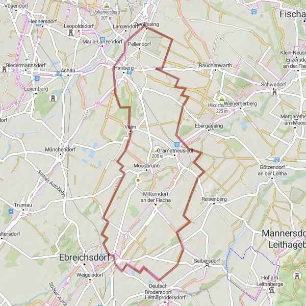 Map miniature of "Kuckuckberg and Himberg Gravel Escape" cycling inspiration in Niederösterreich, Austria. Generated by Tarmacs.app cycling route planner